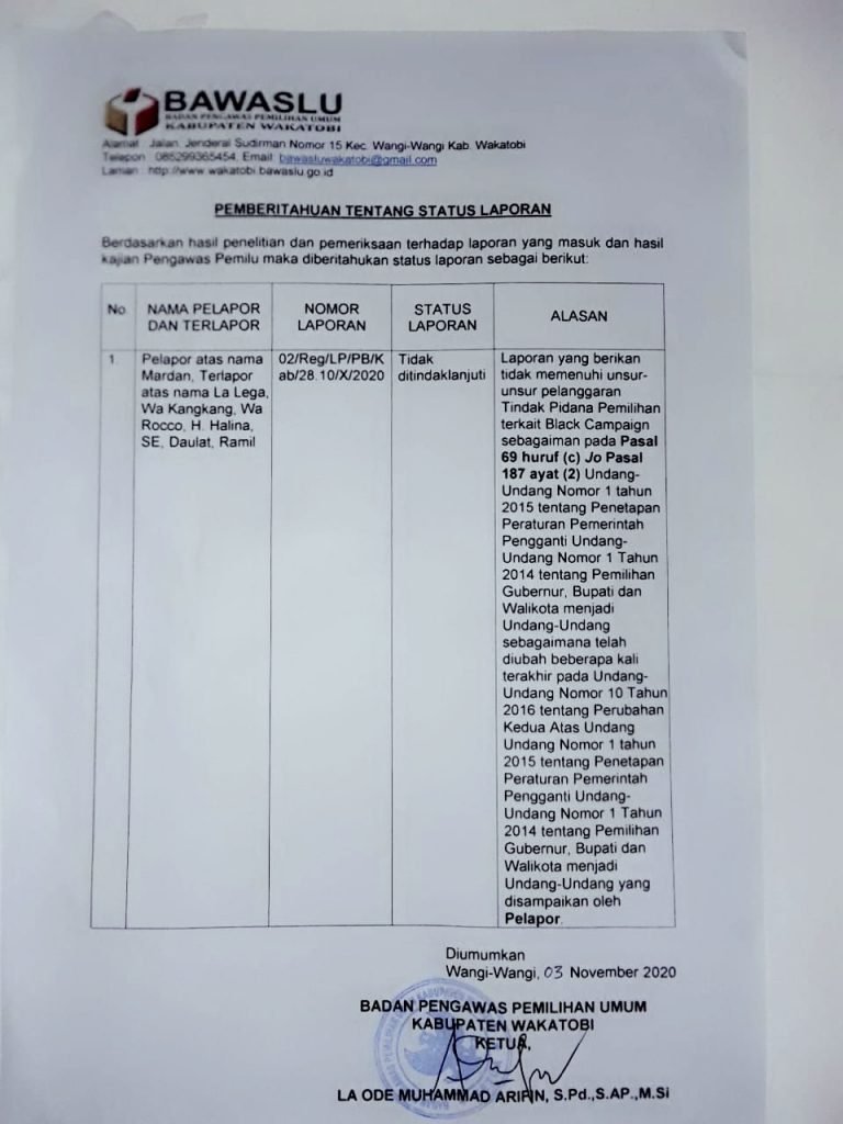 DUA KALI MANGKIR PANGGILAN PEMERIKSAAN GAKKUMDU, CABUP TERDUGA MELANGGAR PIDANA PEMILU DIBEBASKAN